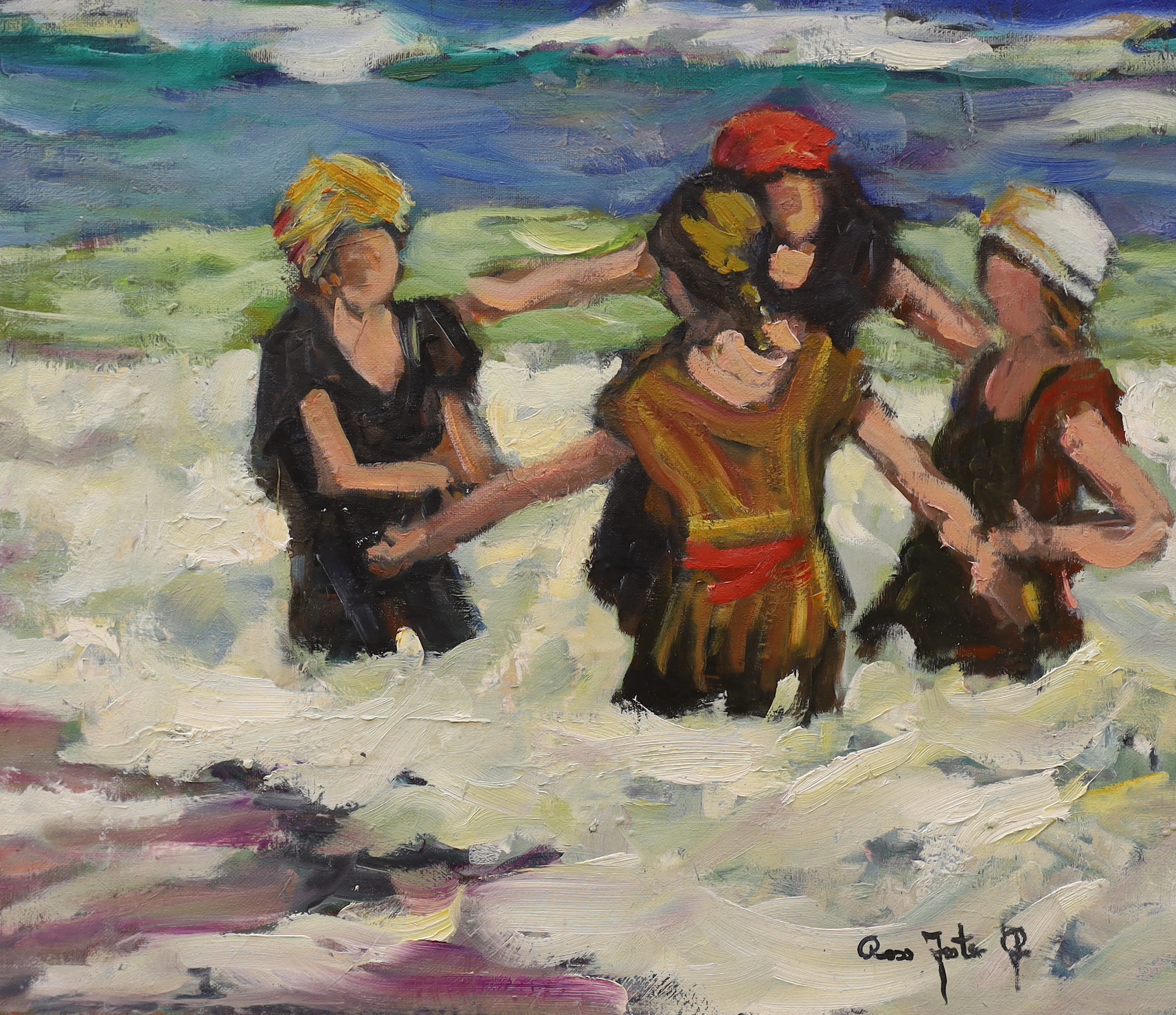 Ross Foster (Contemporary), oil on canvas, Women amongst the waves, signed, 46 x 55cm, unframed